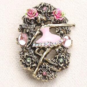 Dancing Girl Brooch with Pink Roses Lapel Pin Beautiful Antique Look !!